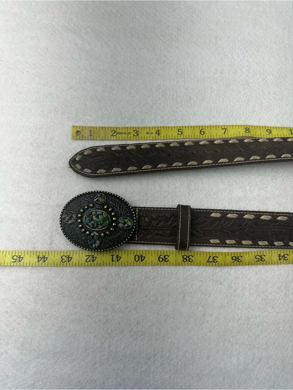 Brown Western Embossed Leather Belt with Decorative Oval Buckle